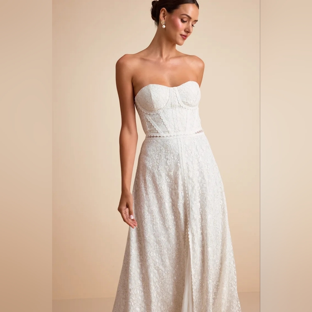 Lulus Eldoria White Lace Strapless Bustier Maxi Dress S Wedding Bridal Party - Picture 3 of 11